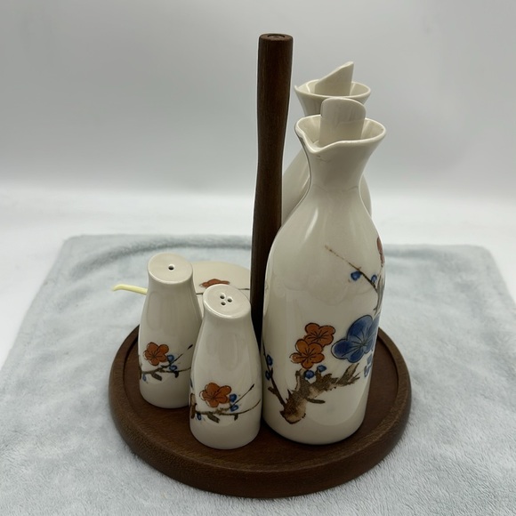 Vintage Cruet 6-Piece Set-Porcelain/Ceramic/Wood with Table Caddy - Picture 6 of 12